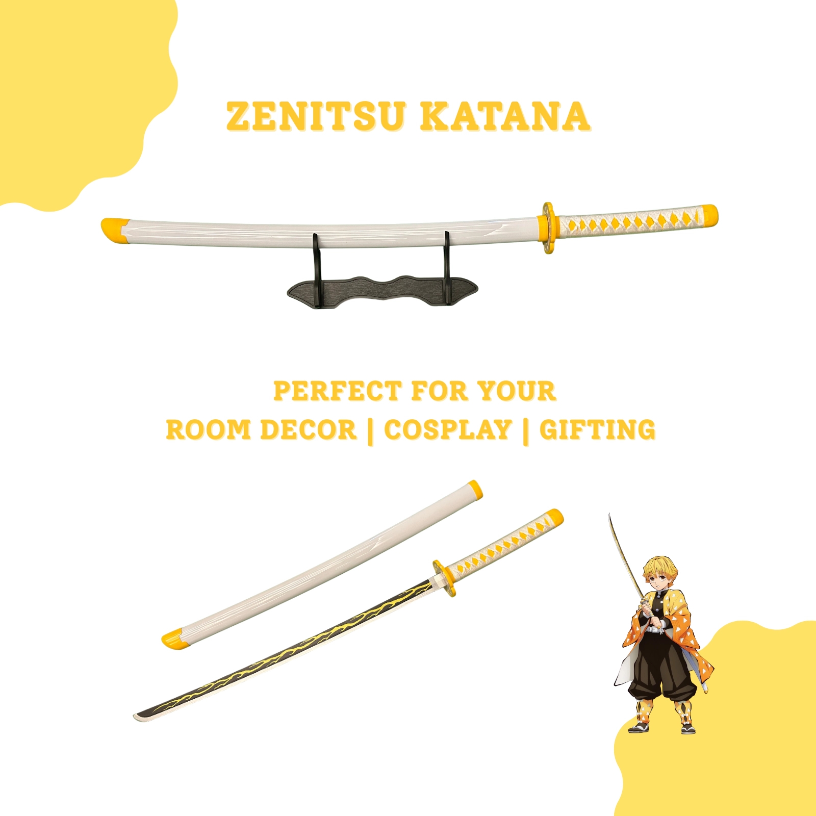 Demon Slayer Zenitsu Agatsuma Cosplay Katana Premium Life Size Wooden Katana [104 CM]